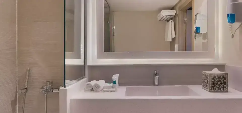 Modern Jaz Regent Nile Cruise bathroom with glass-enclosed shower cabin, marble walls, and sleek vanity
