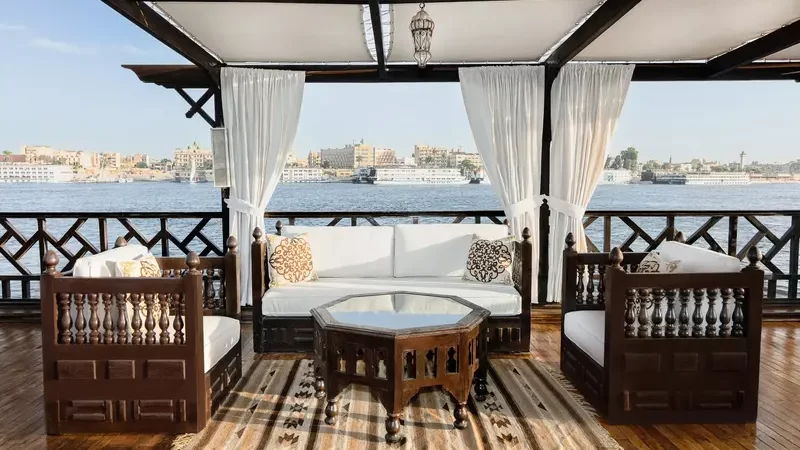 Sundeck sitting area on Farouz El Nil I Dahabiya with Nile views
