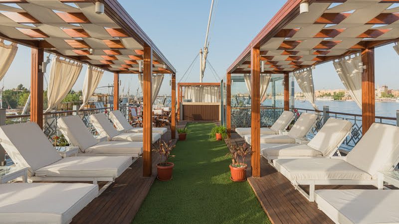 Sundeck on Merit Star 1 Dahabiya with lounge chairs