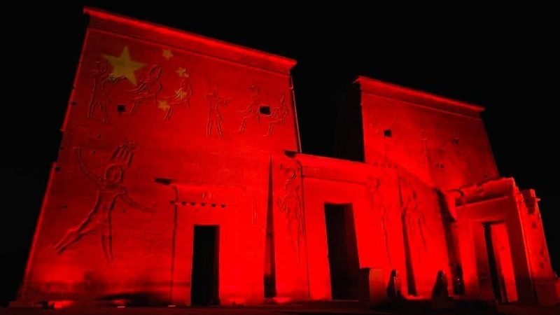 Illuminated columns of Karnak Temple glowing during the evening sound & light show at Karnak temple in Luxor.