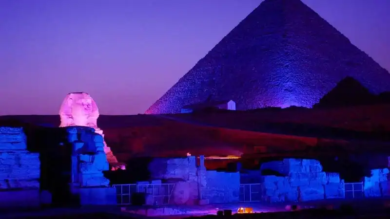 Sound & Light Show at Pyramids illuminating the Giza Plateau at night