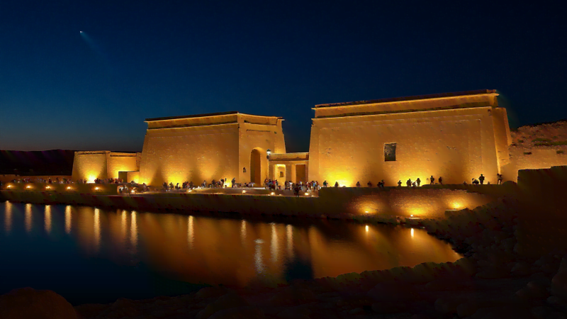 Sound & Light Show at Philae Temple in Aswan – lit columns and walls